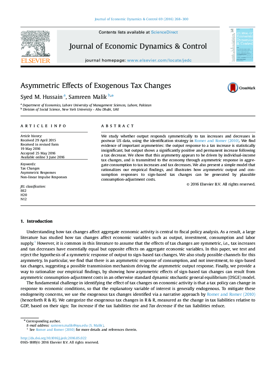 Asymmetric Effects of Exogenous Tax Changes