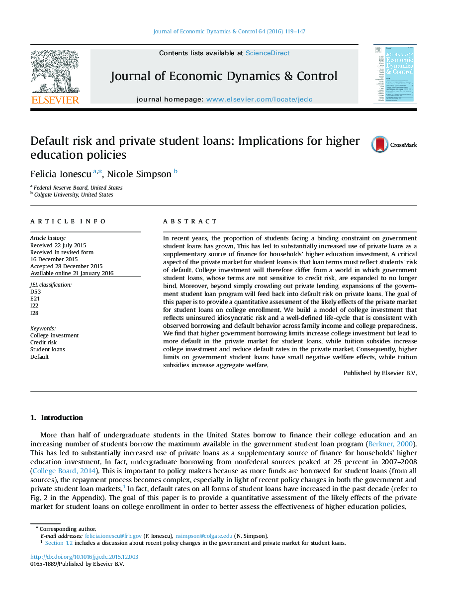 Default risk and private student loans: Implications for higher education policies