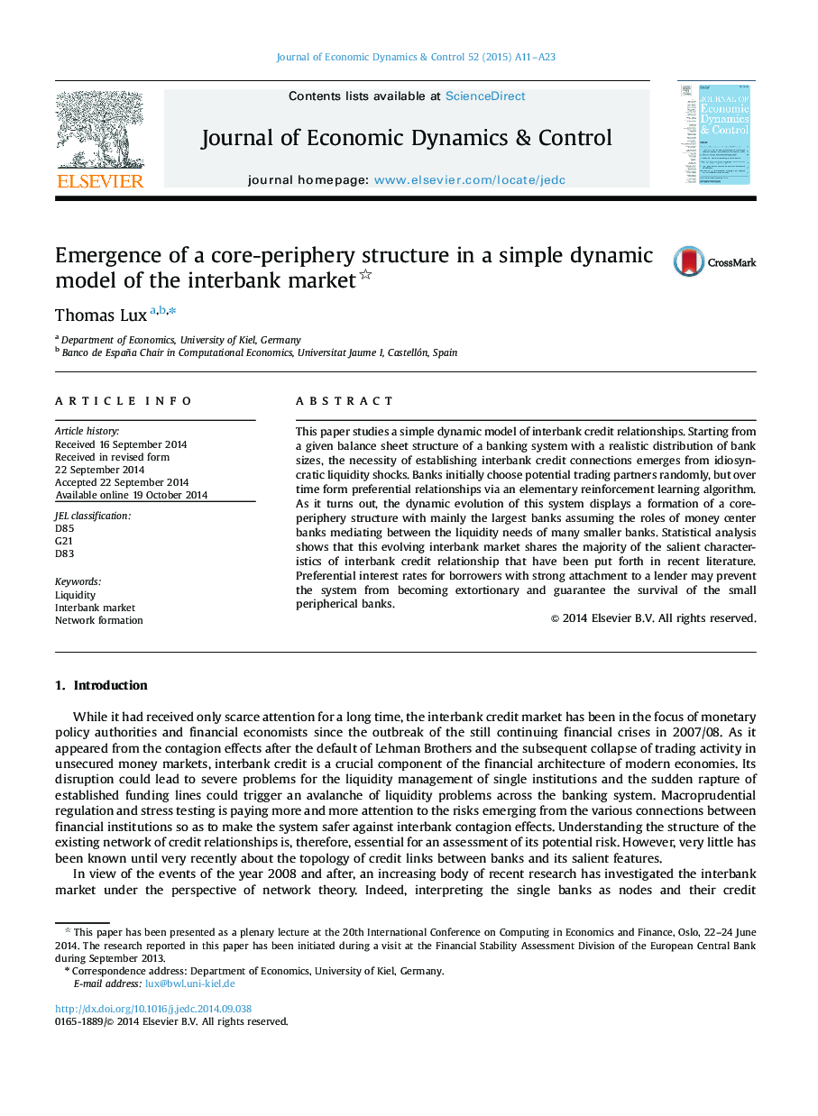 Emergence of a core-periphery structure in a simple dynamic model of the interbank market