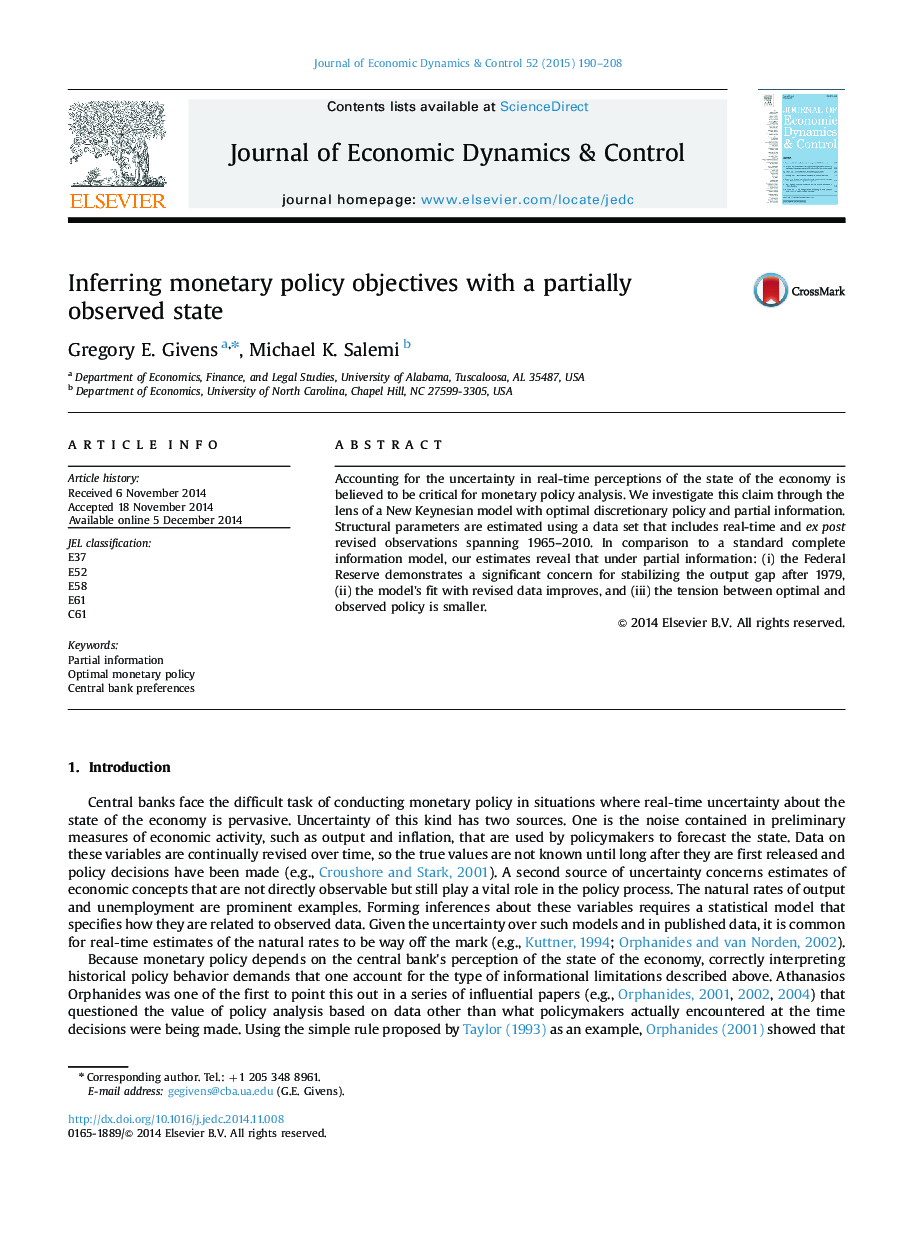 Inferring monetary policy objectives with a partially observed state