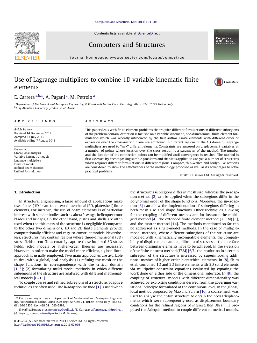 Use of Lagrange multipliers to combine 1D variable kinematic finite elements