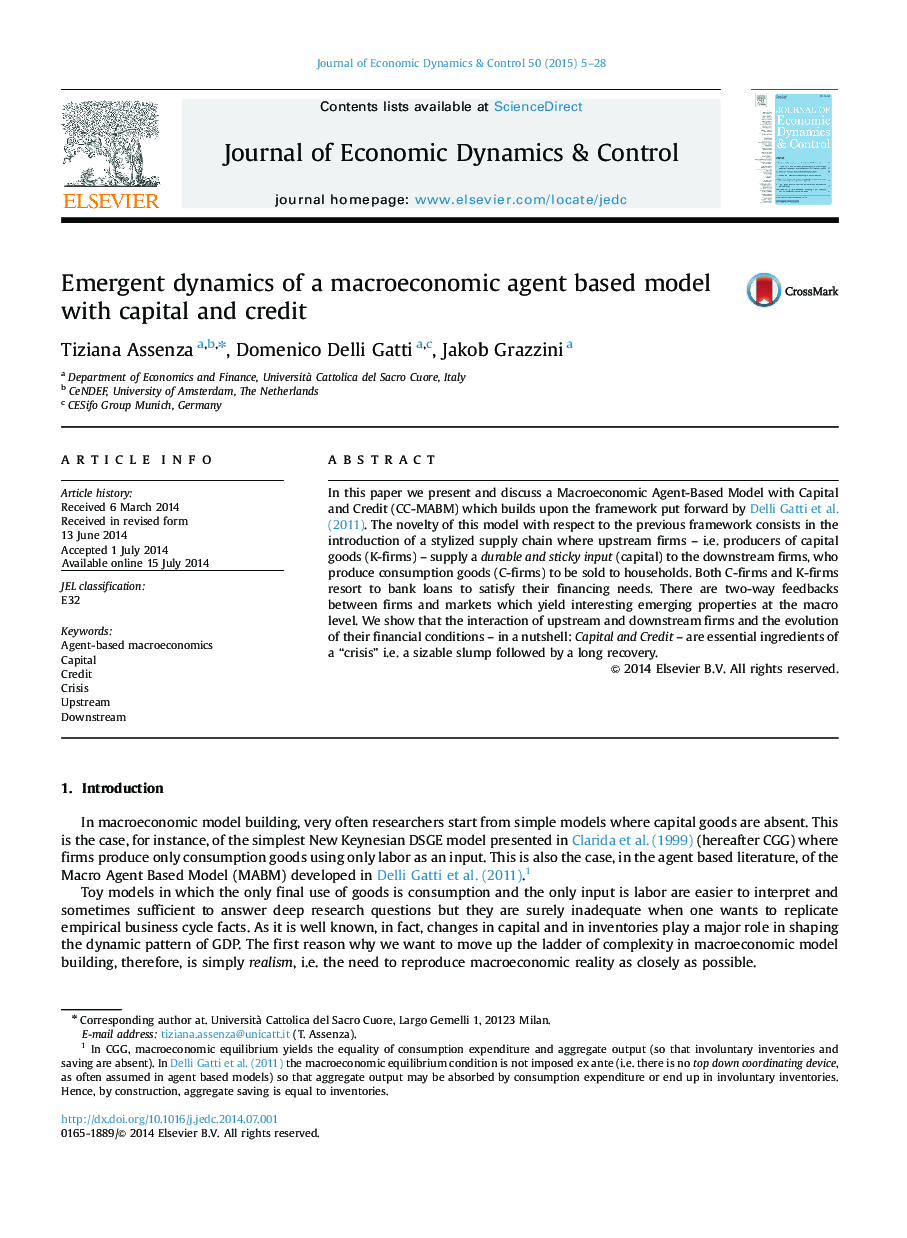 Emergent dynamics of a macroeconomic agent based model with capital and credit