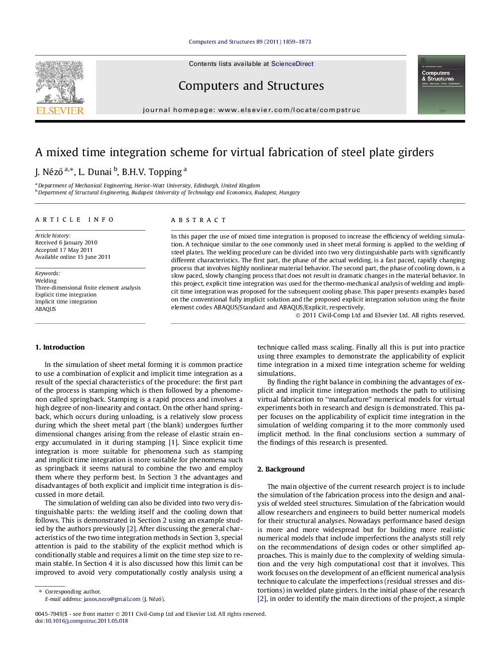 A mixed time integration scheme for virtual fabrication of steel plate girders