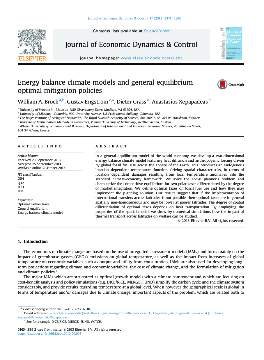 Energy balance climate models and general equilibrium optimal mitigation policies