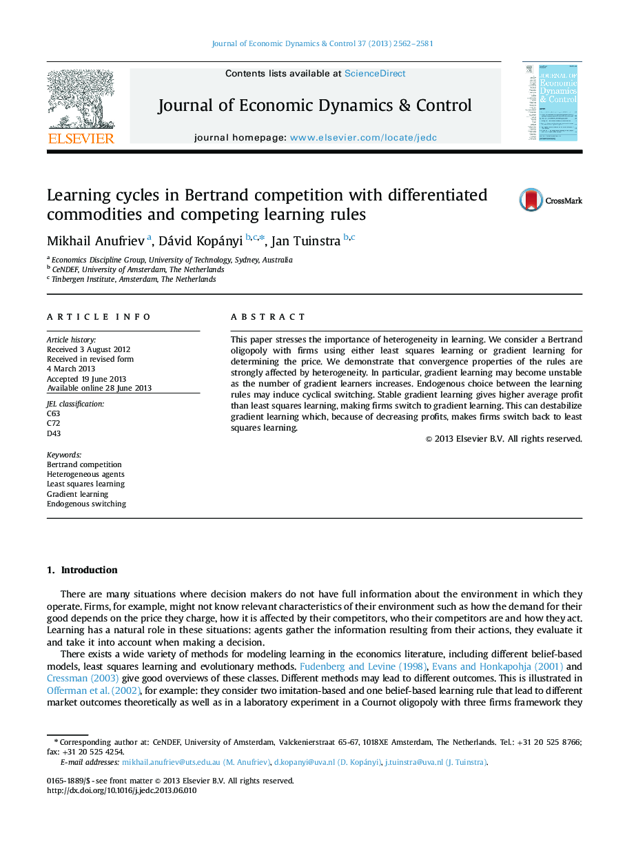 Learning cycles in Bertrand competition with differentiated commodities and competing learning rules