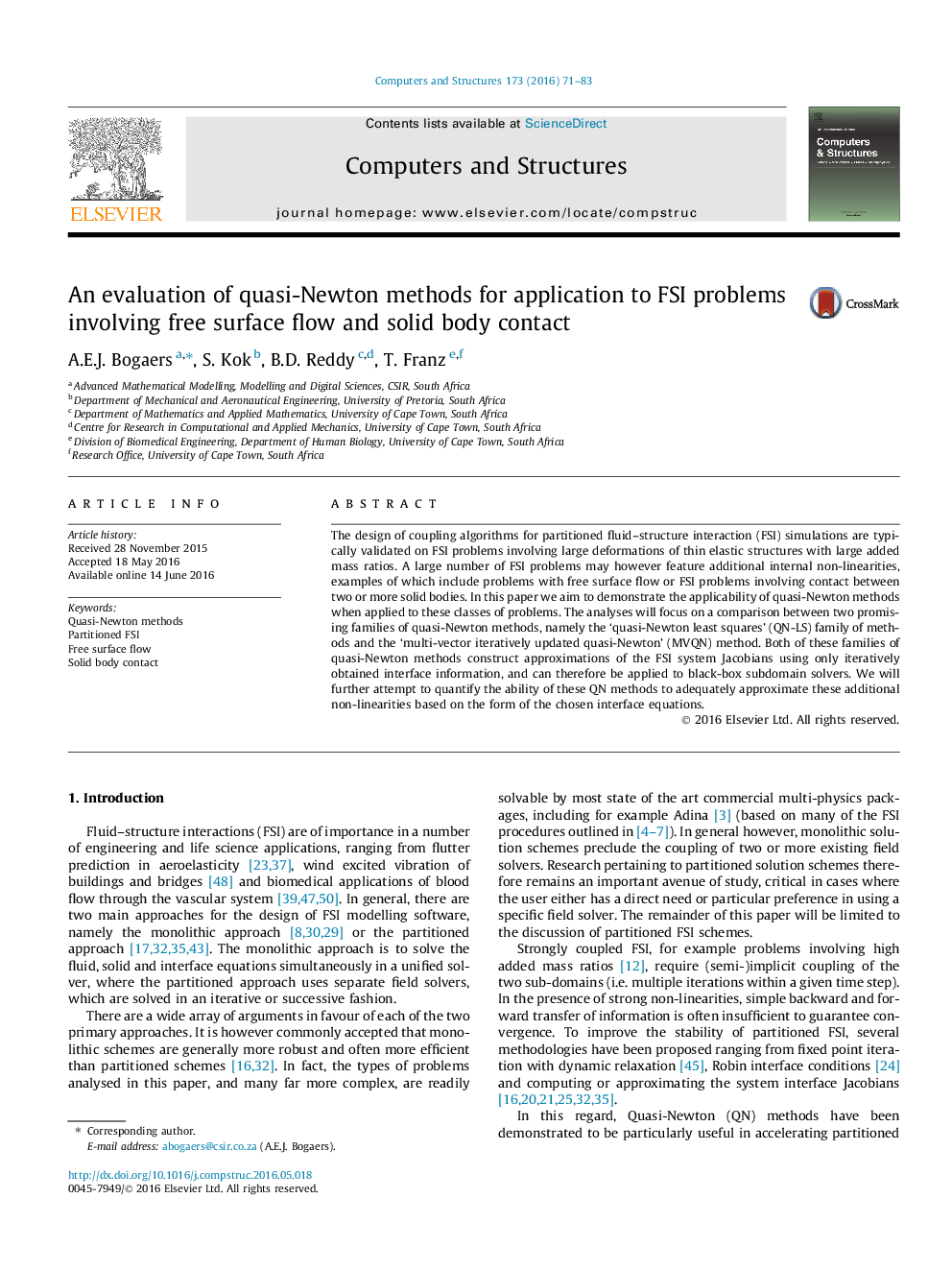 An evaluation of quasi-Newton methods for application to FSI problems involving free surface flow and solid body contact