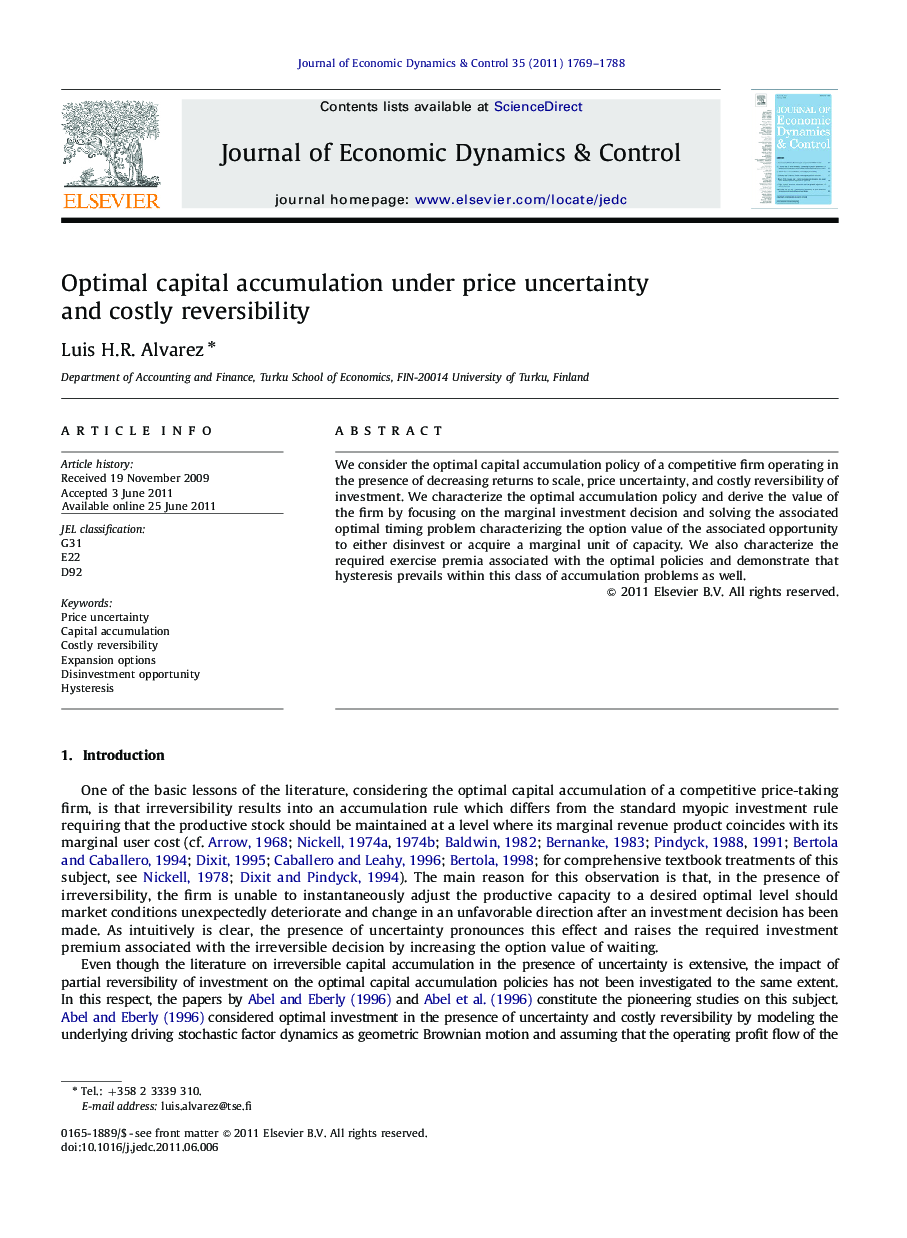 Optimal capital accumulation under price uncertainty and costly reversibility
