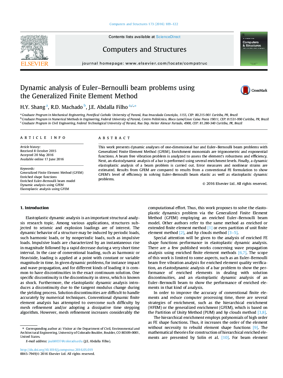 Dynamic analysis of Euler–Bernoulli beam problems using the Generalized Finite Element Method