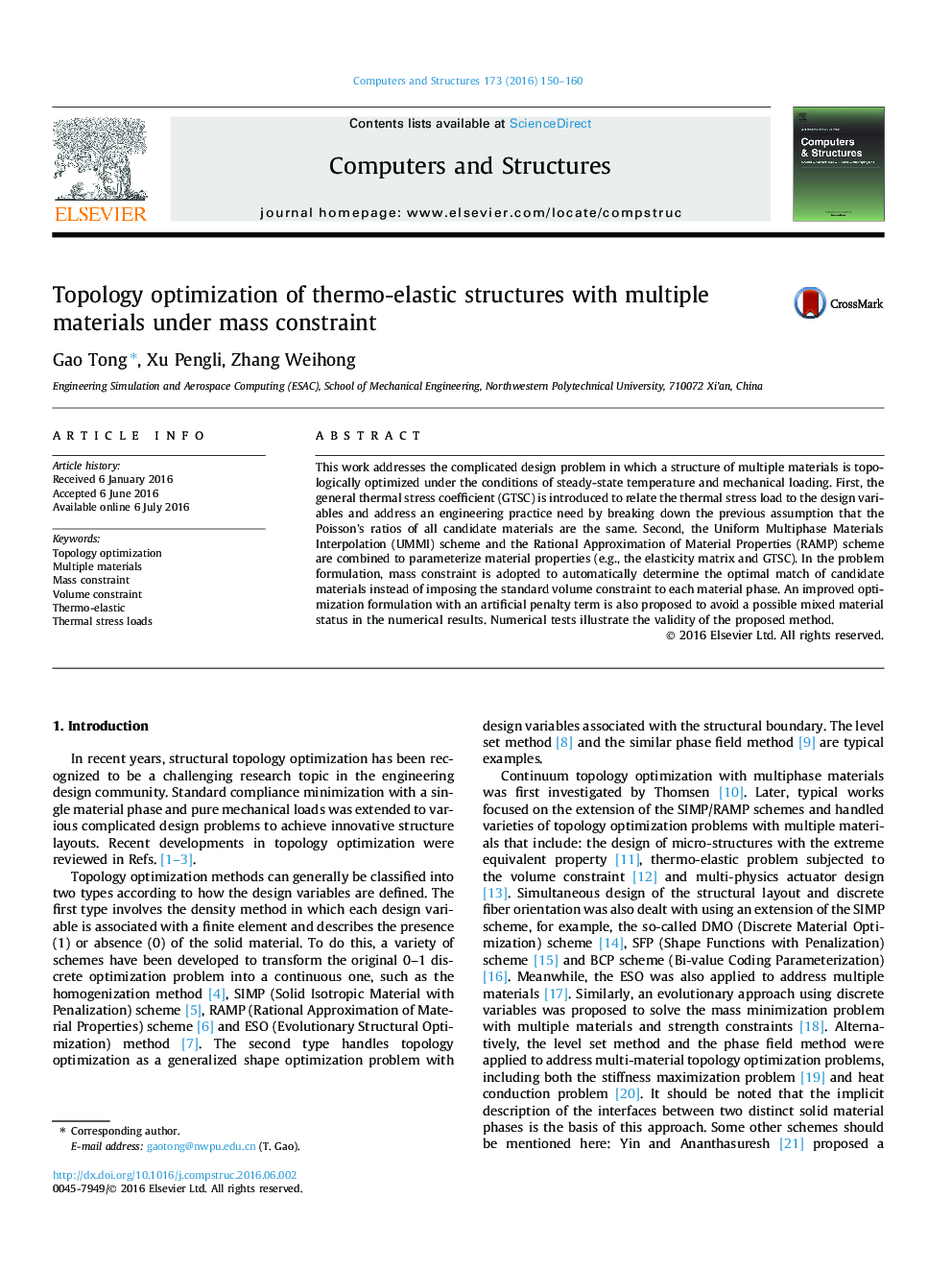 Topology optimization of thermo-elastic structures with multiple materials under mass constraint