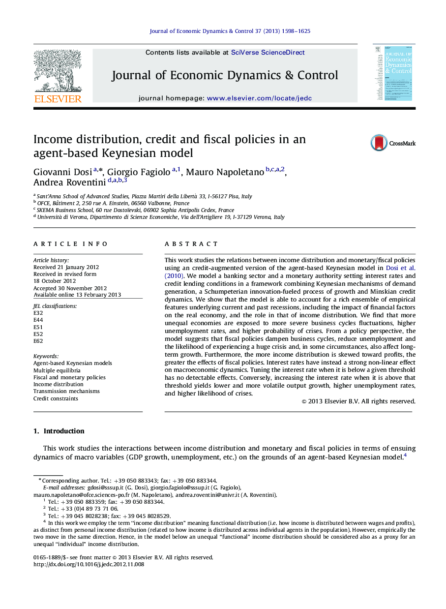 Income distribution, credit and fiscal policies in an agent-based Keynesian model