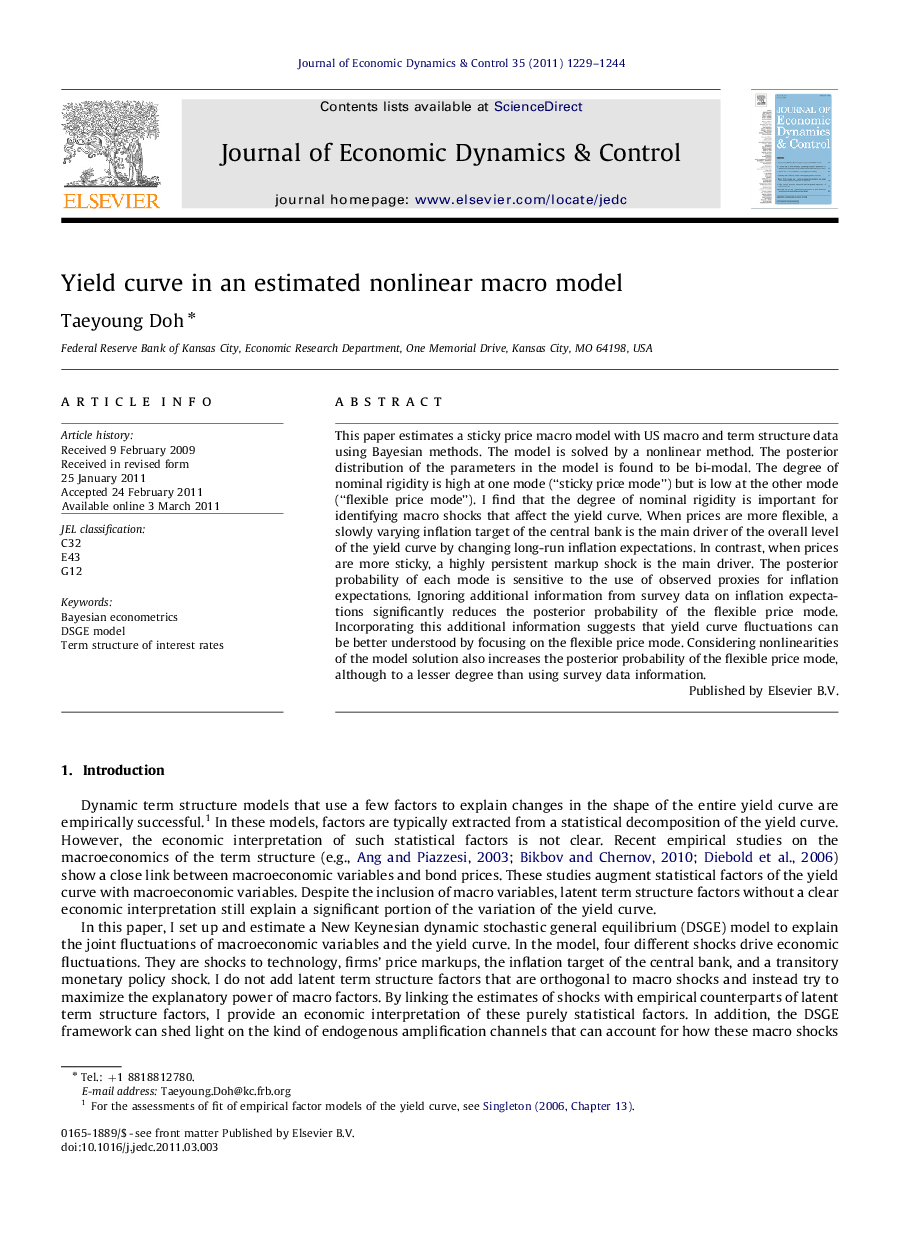 Yield curve in an estimated nonlinear macro model