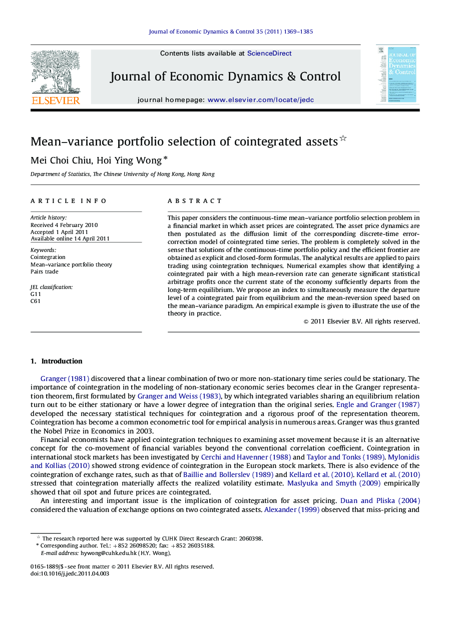 Mean-variance portfolio selection of cointegrated assets