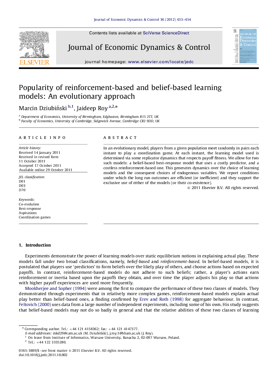 Popularity of reinforcement-based and belief-based learning models: An evolutionary approach