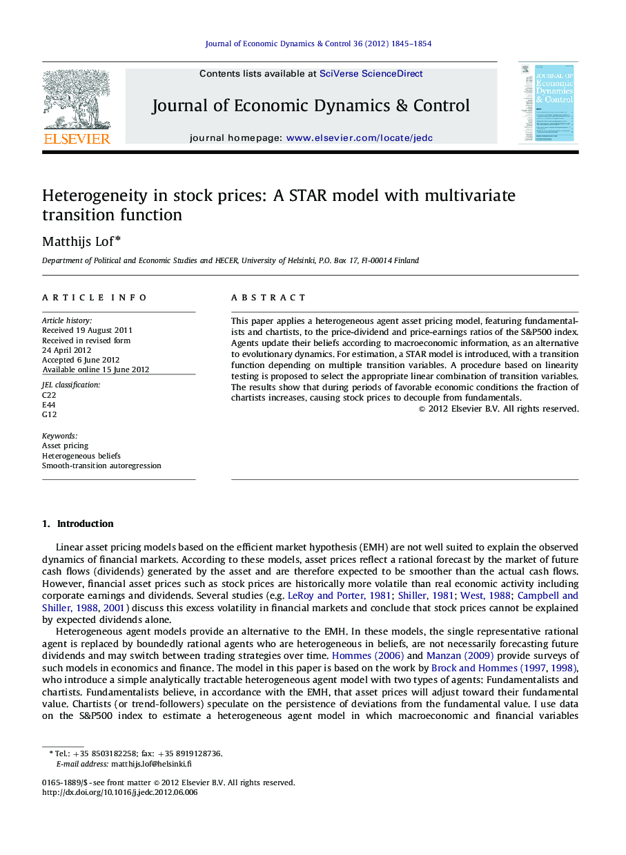 Heterogeneity in stock prices: A STAR model with multivariate transition function