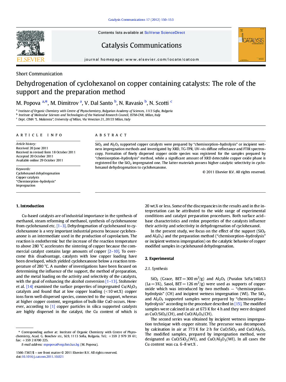 Dehydrogenation of cyclohexanol on copper containing catalysts: The role of the support and the preparation method