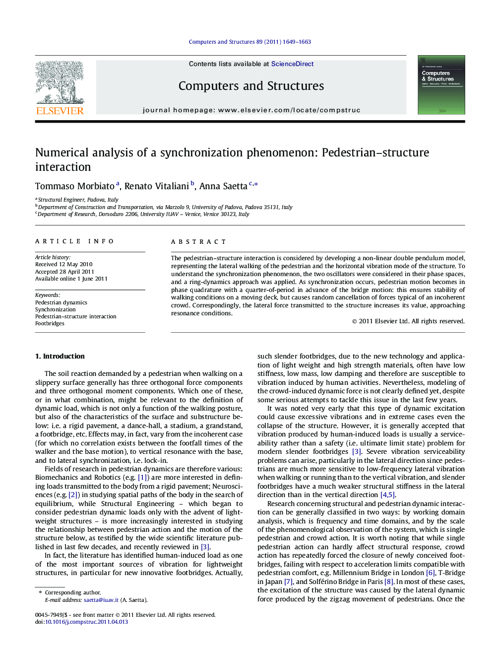 Numerical analysis of a synchronization phenomenon: Pedestrian–structure interaction