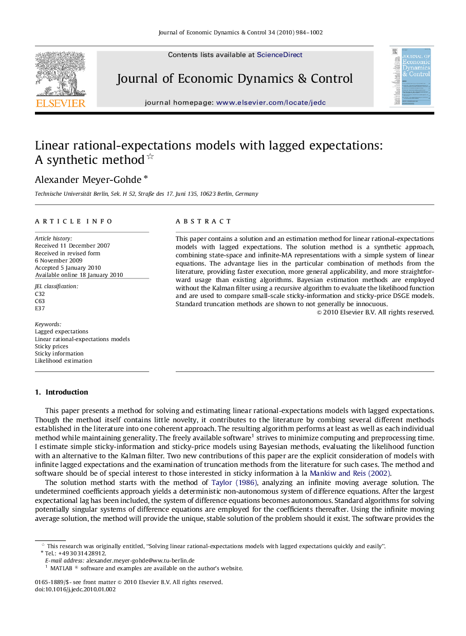 Linear rational-expectations models with lagged expectations: A synthetic method