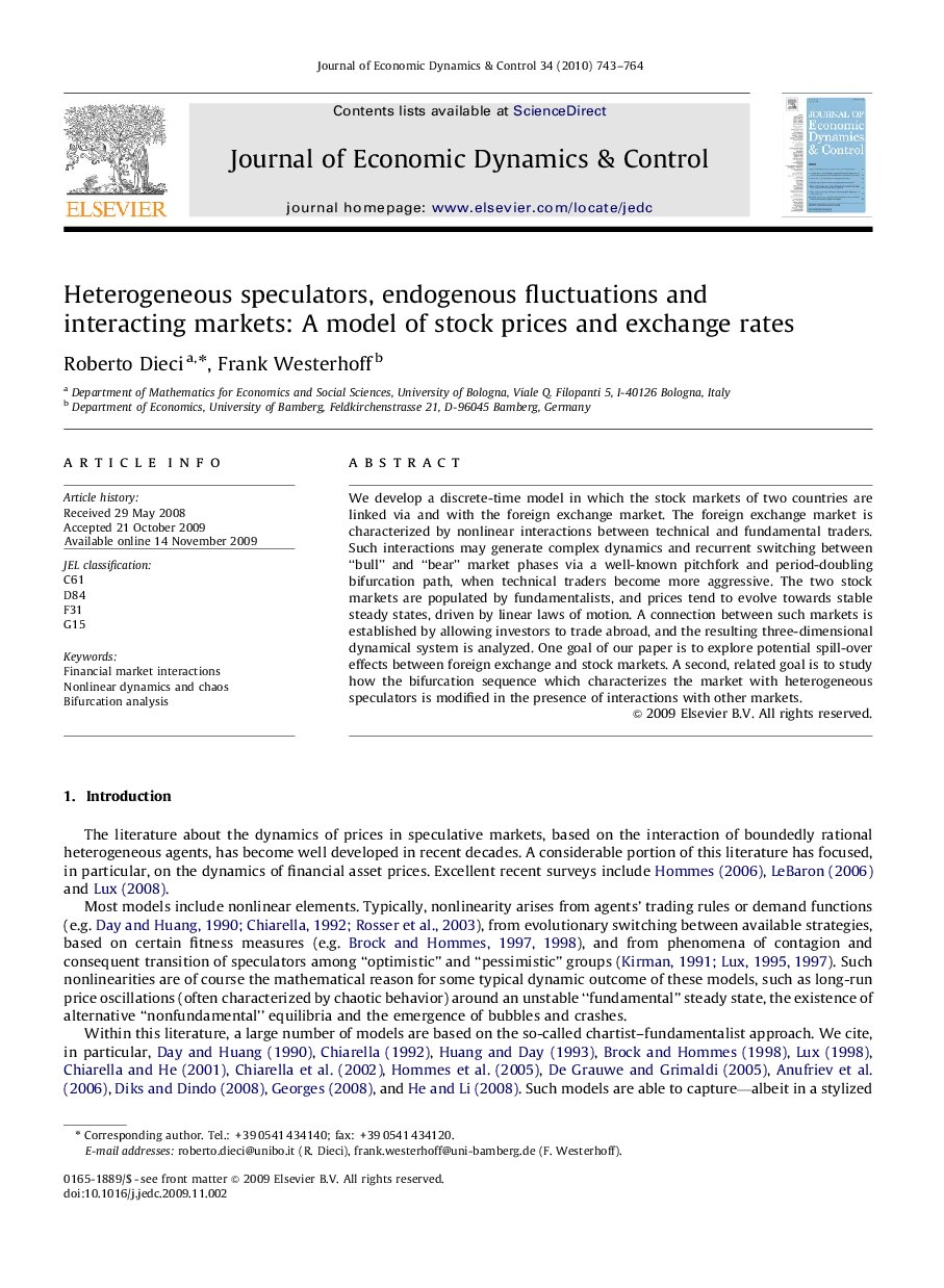 Heterogeneous speculators, endogenous fluctuations and interacting markets: A model of stock prices and exchange rates