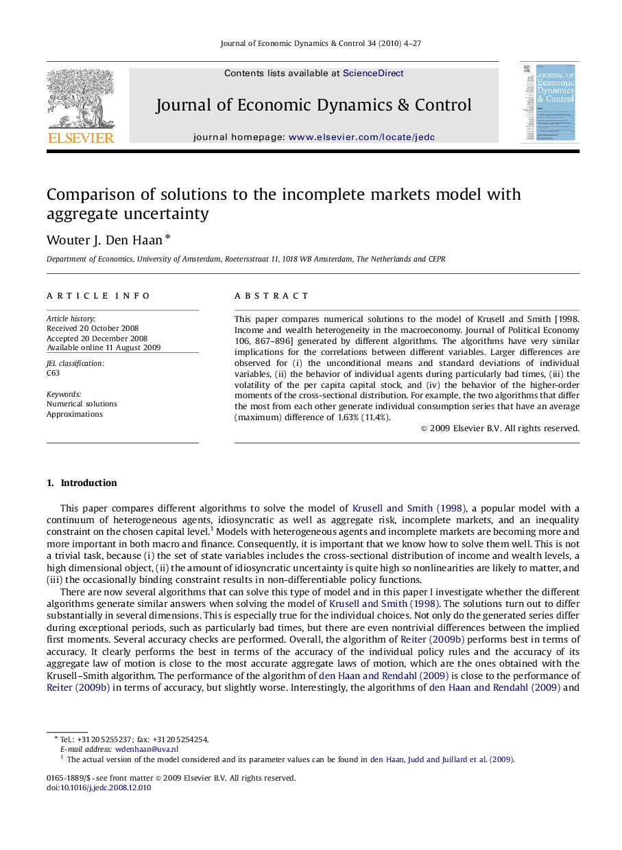 Comparison of solutions to the incomplete markets model with aggregate uncertainty