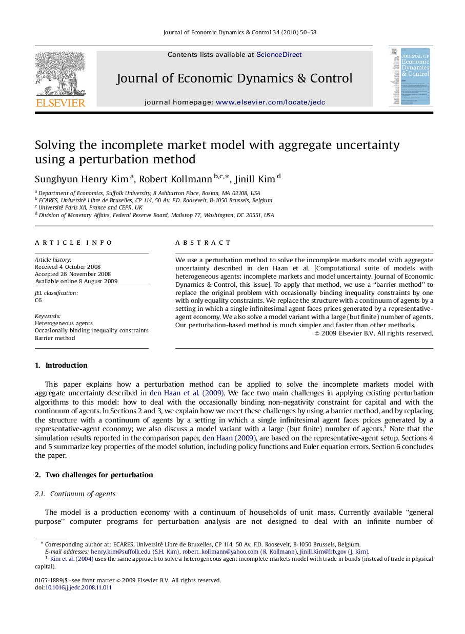 Solving the incomplete market model with aggregate uncertainty using a perturbation method