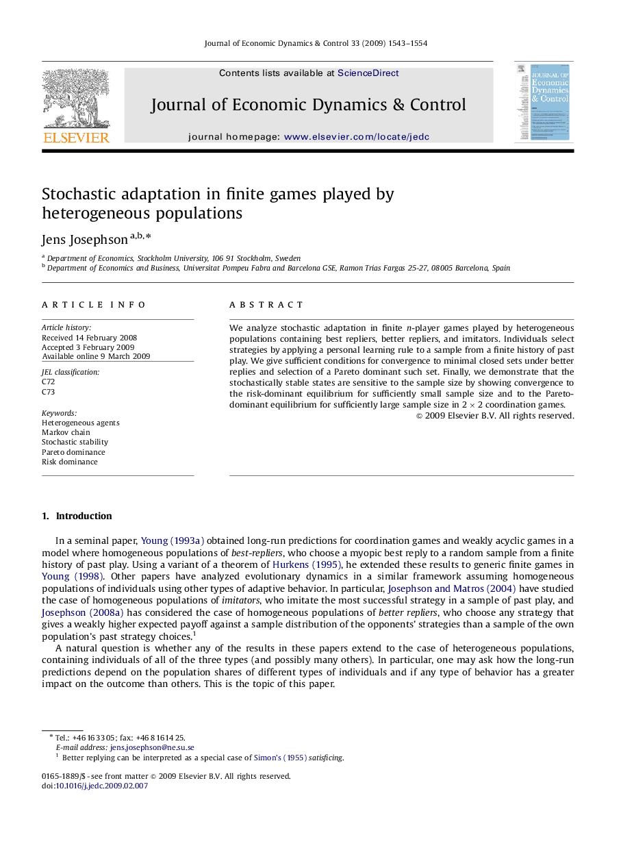 Stochastic adaptation in finite games played by heterogeneous populations