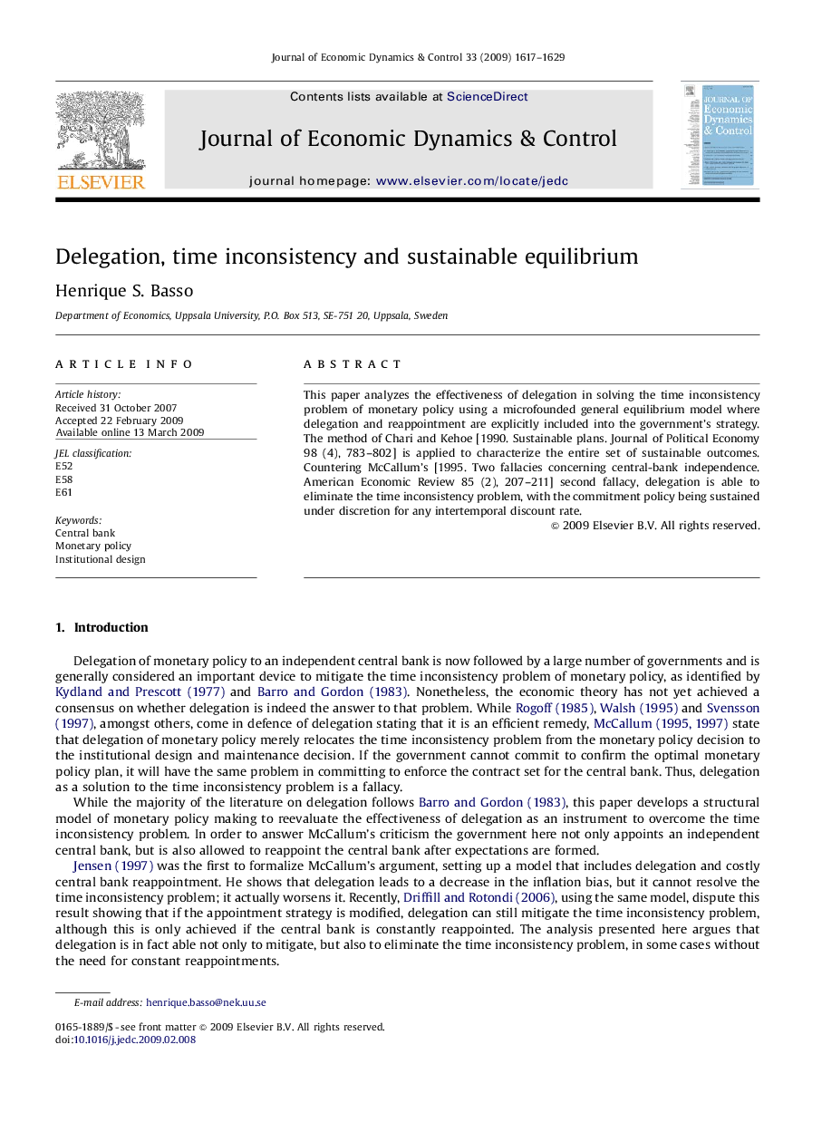 Delegation, time inconsistency and sustainable equilibrium