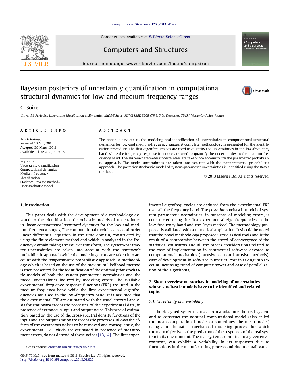 Bayesian posteriors of uncertainty quantification in computational structural dynamics for low-and medium-frequency ranges