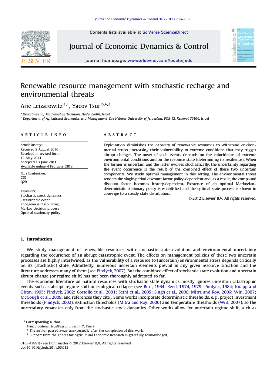 Renewable resource management with stochastic recharge and environmental threats