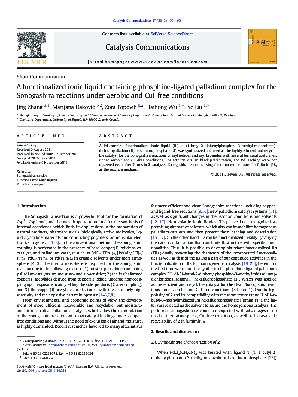 A functionalized ionic liquid containing phosphine-ligated palladium complex for the Sonogashira reactions under aerobic and CuI-free conditions