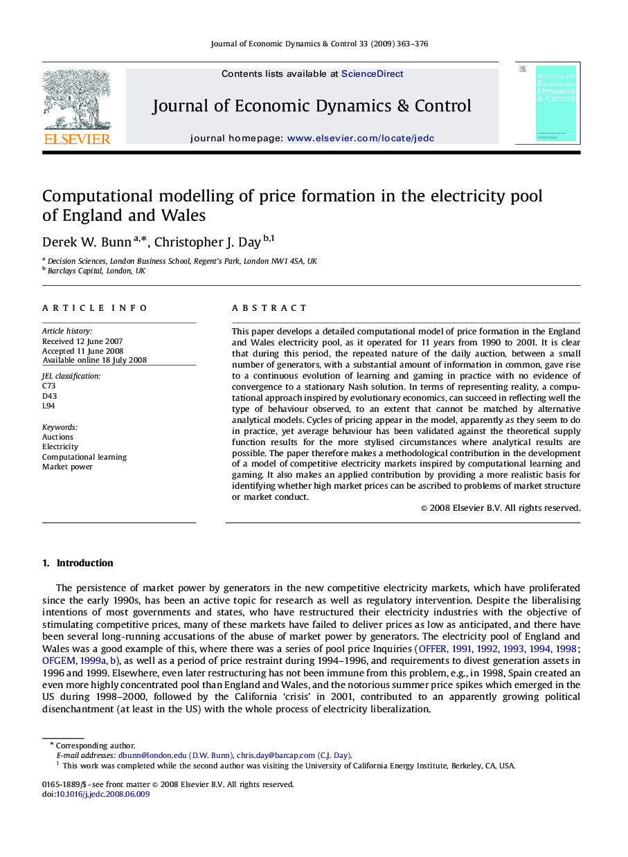 Computational modelling of price formation in the electricity pool of England and Wales