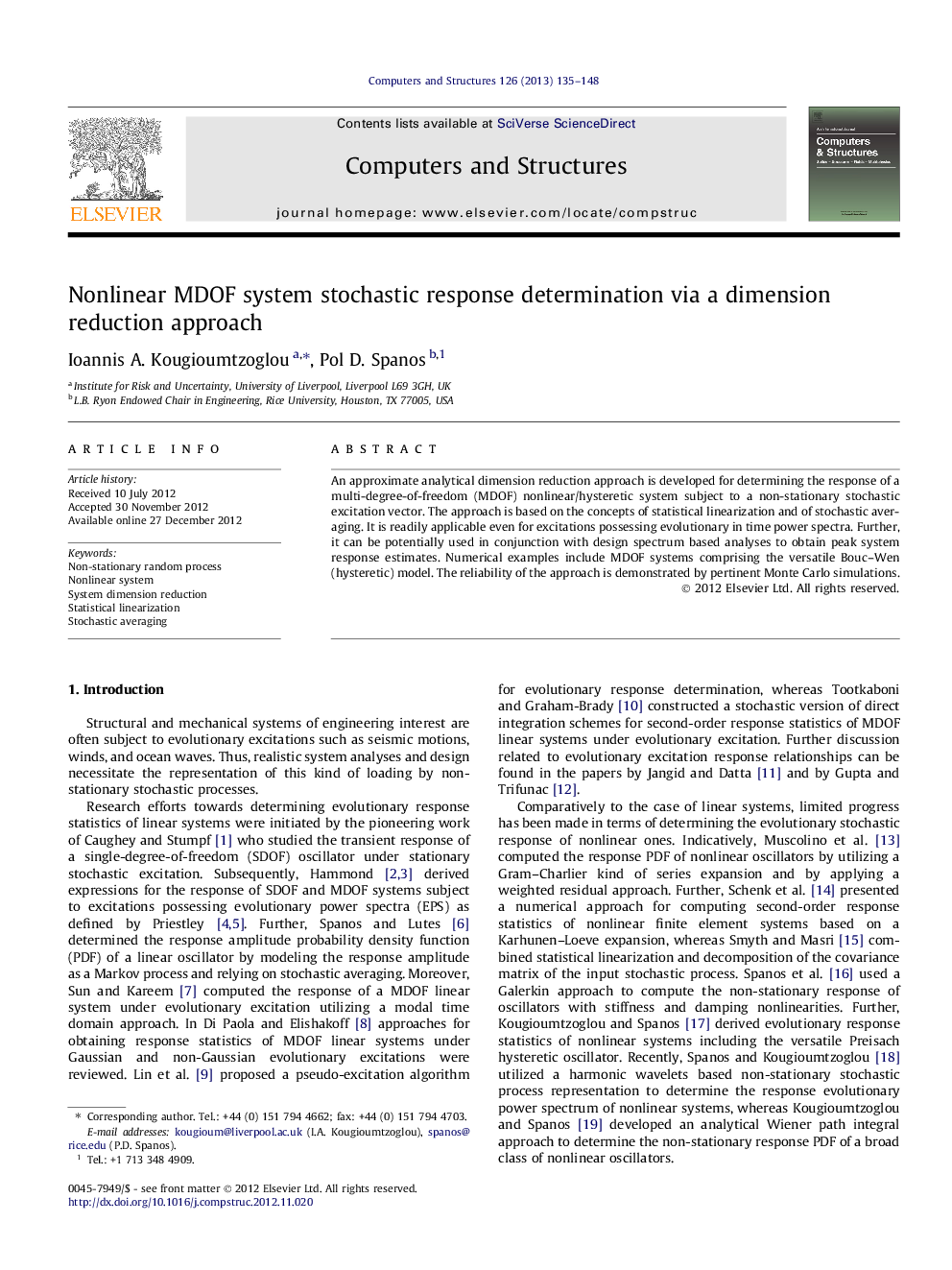 Nonlinear MDOF system stochastic response determination via a dimension reduction approach