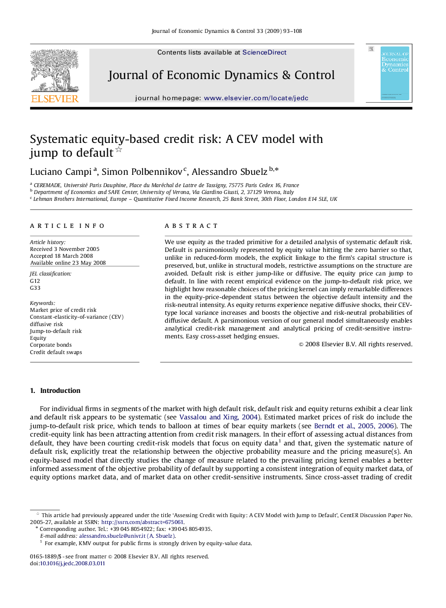 Systematic equity-based credit risk: A CEV model with jump to default