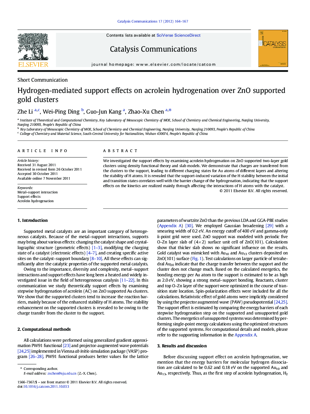 Hydrogen-mediated support effects on acrolein hydrogenation over ZnO supported gold clusters