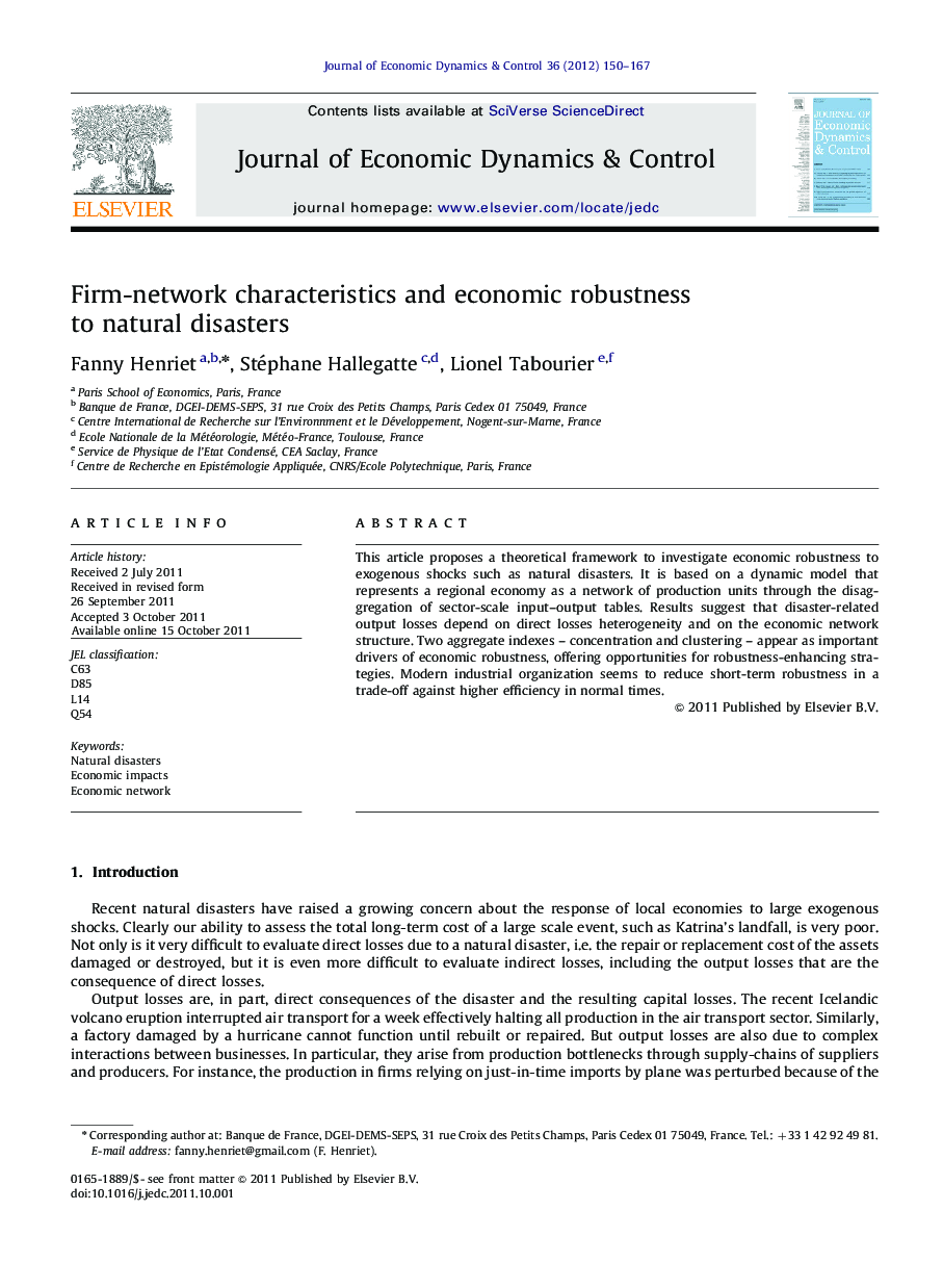 Firm-network characteristics and economic robustness toÂ natural disasters