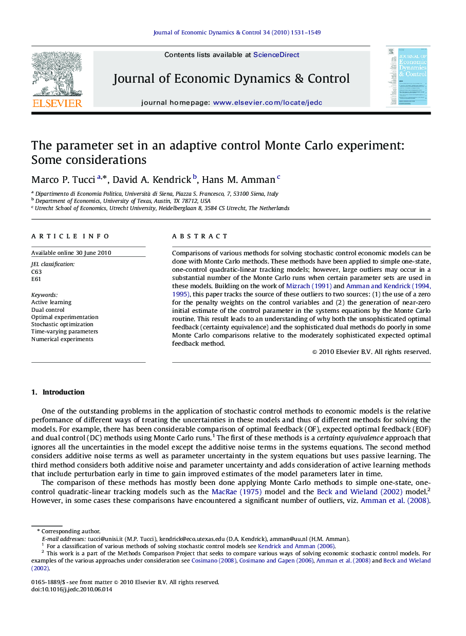 The parameter set in an adaptive control Monte Carlo experiment: Some considerations