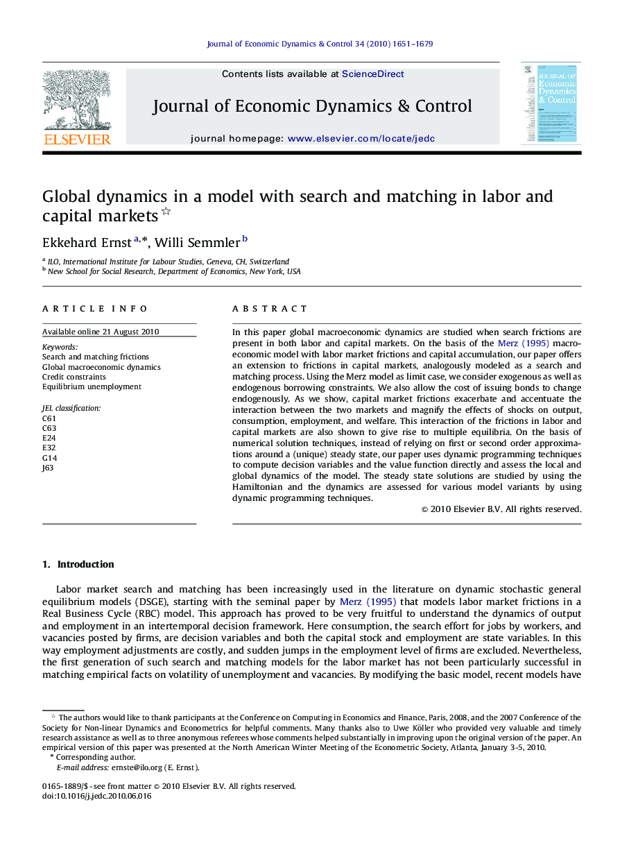 Global dynamics in a model with search and matching in labor and capital markets