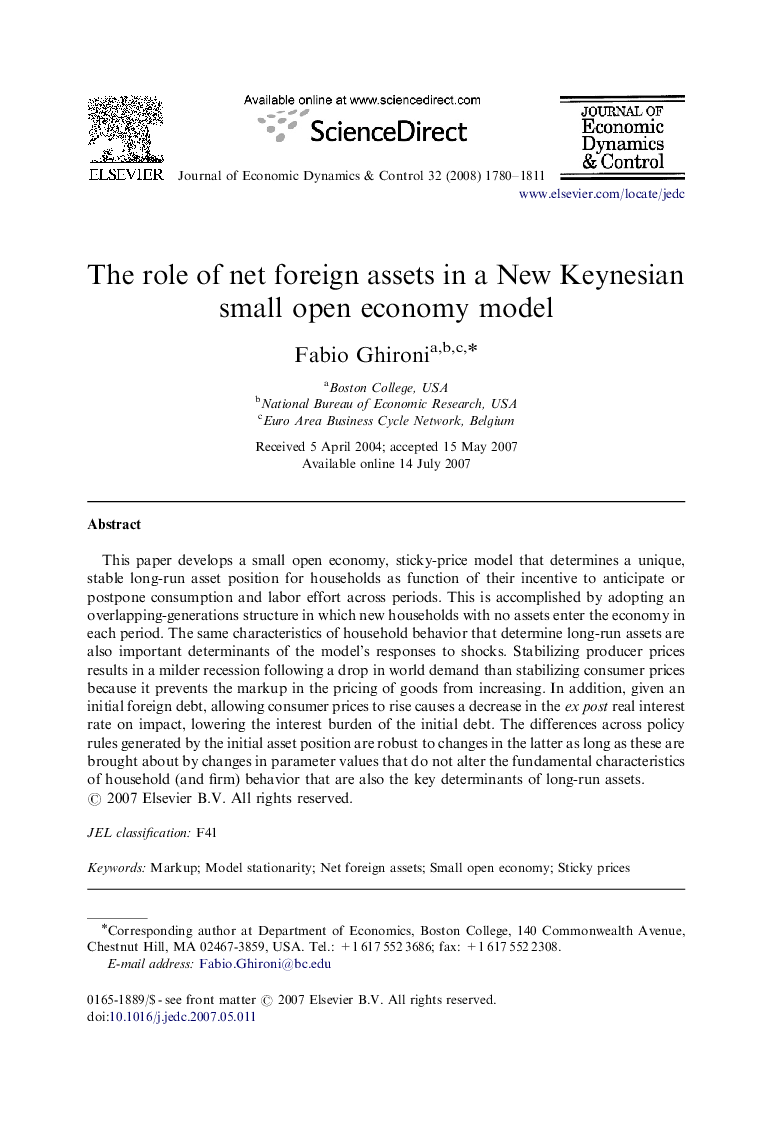 عکس صفحه اول مقاله: The role of net foreign assets in a New Keynesian small open economy model The role of net foreign assets in a New Keynesian small open economy model