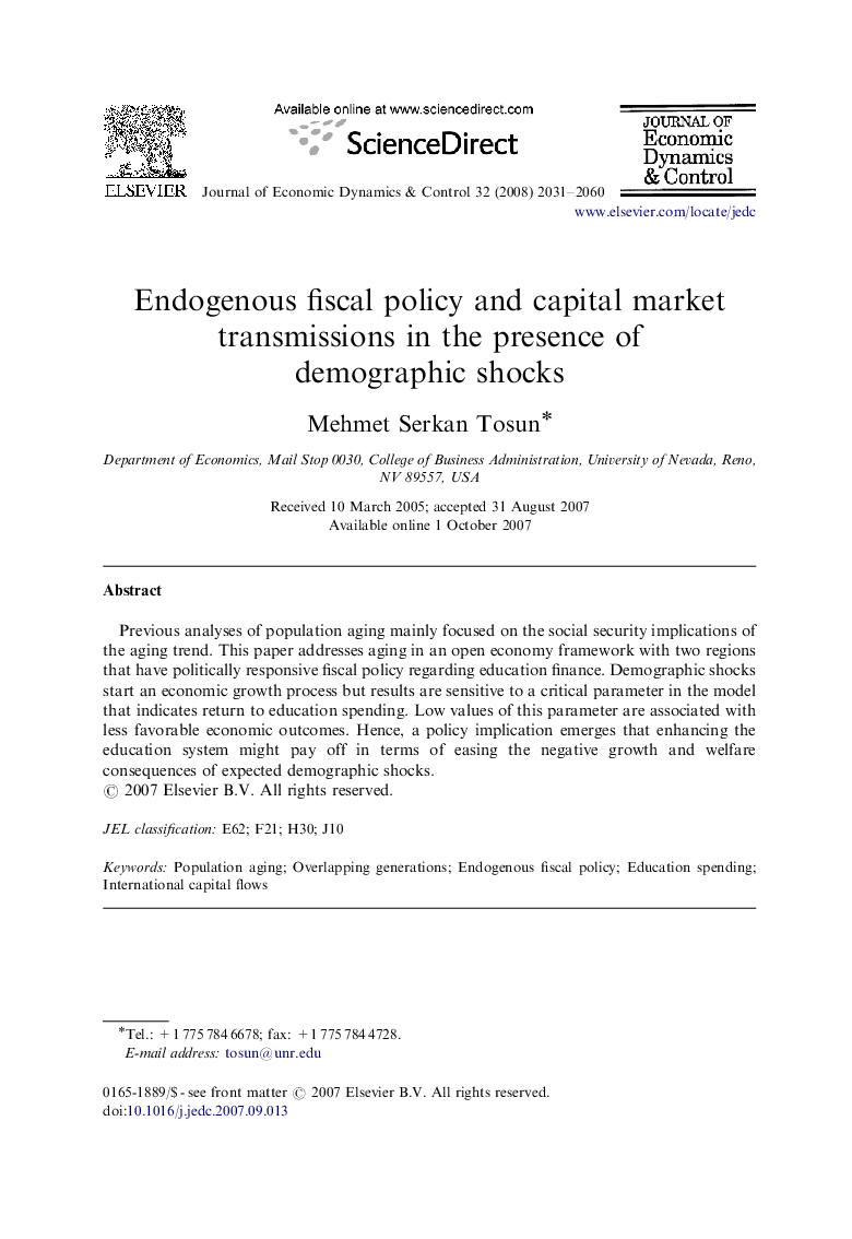 Endogenous fiscal policy and capital market transmissions in the presence of demographic shocks