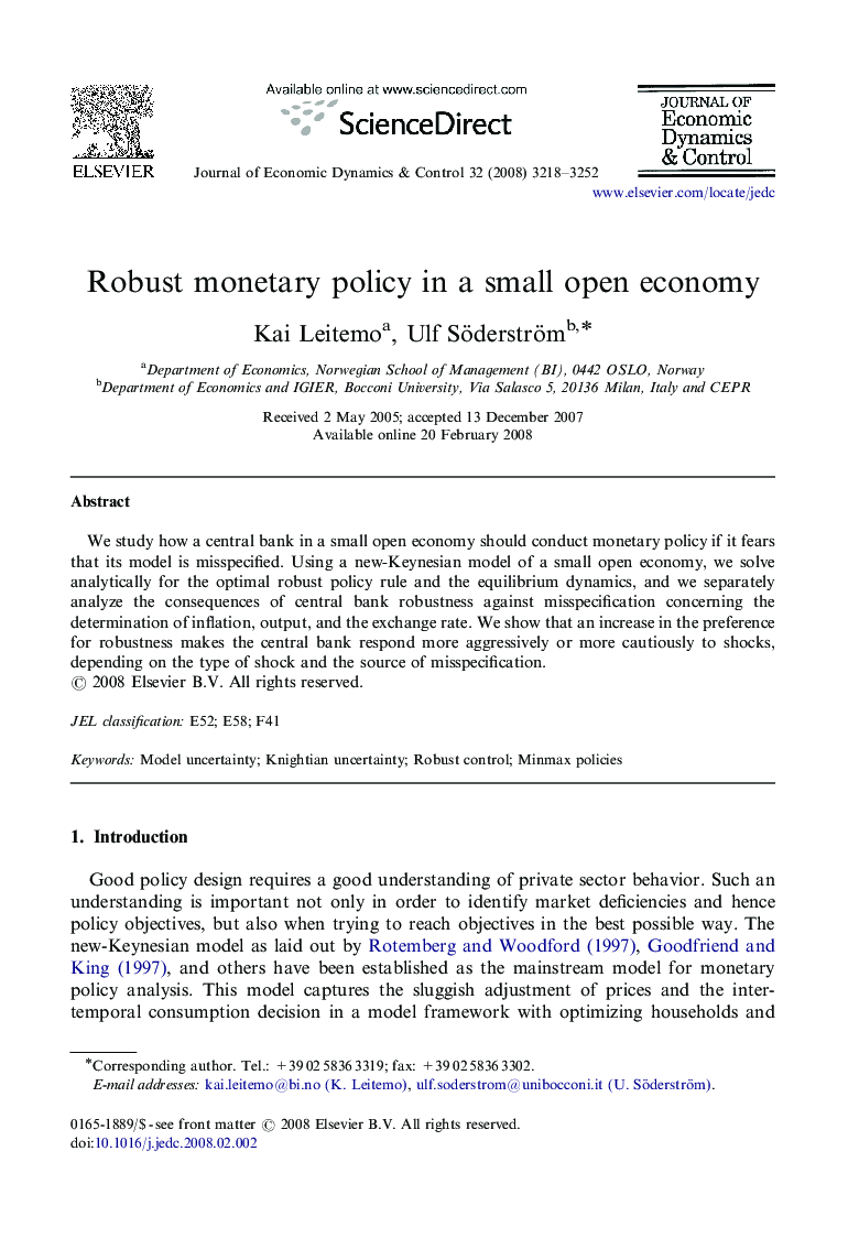 Robust monetary policy in a small open economy
