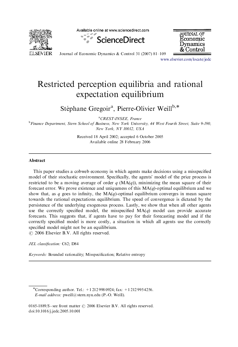 Restricted perception equilibria and rational expectation equilibrium