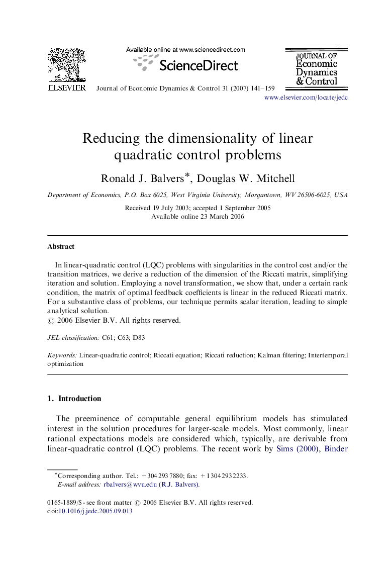 Reducing the dimensionality of linear quadratic control problems