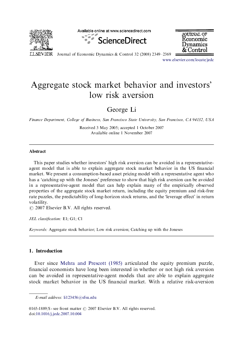 Aggregate stock market behavior and investors' low risk aversion