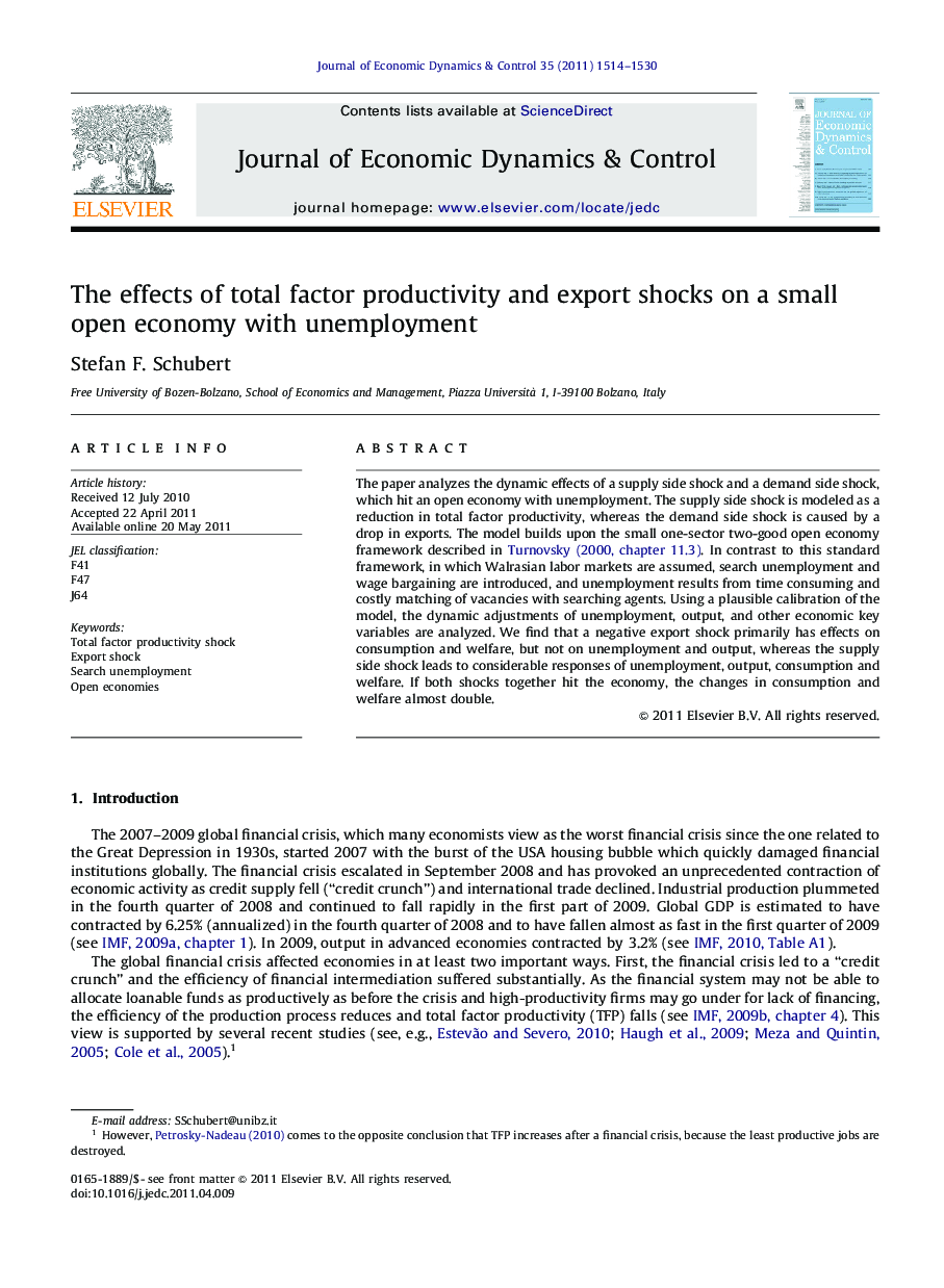 The effects of total factor productivity and export shocks on a small open economy with unemployment