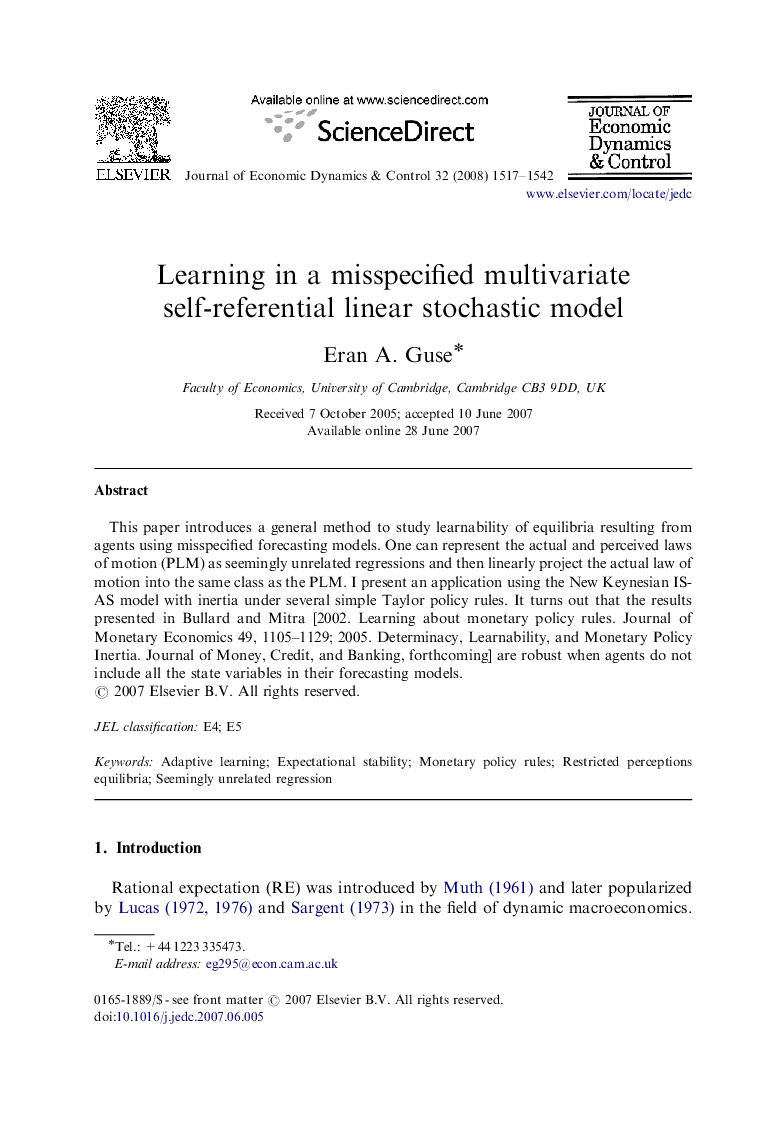 Learning in a misspecified multivariate self-referential linear stochastic model