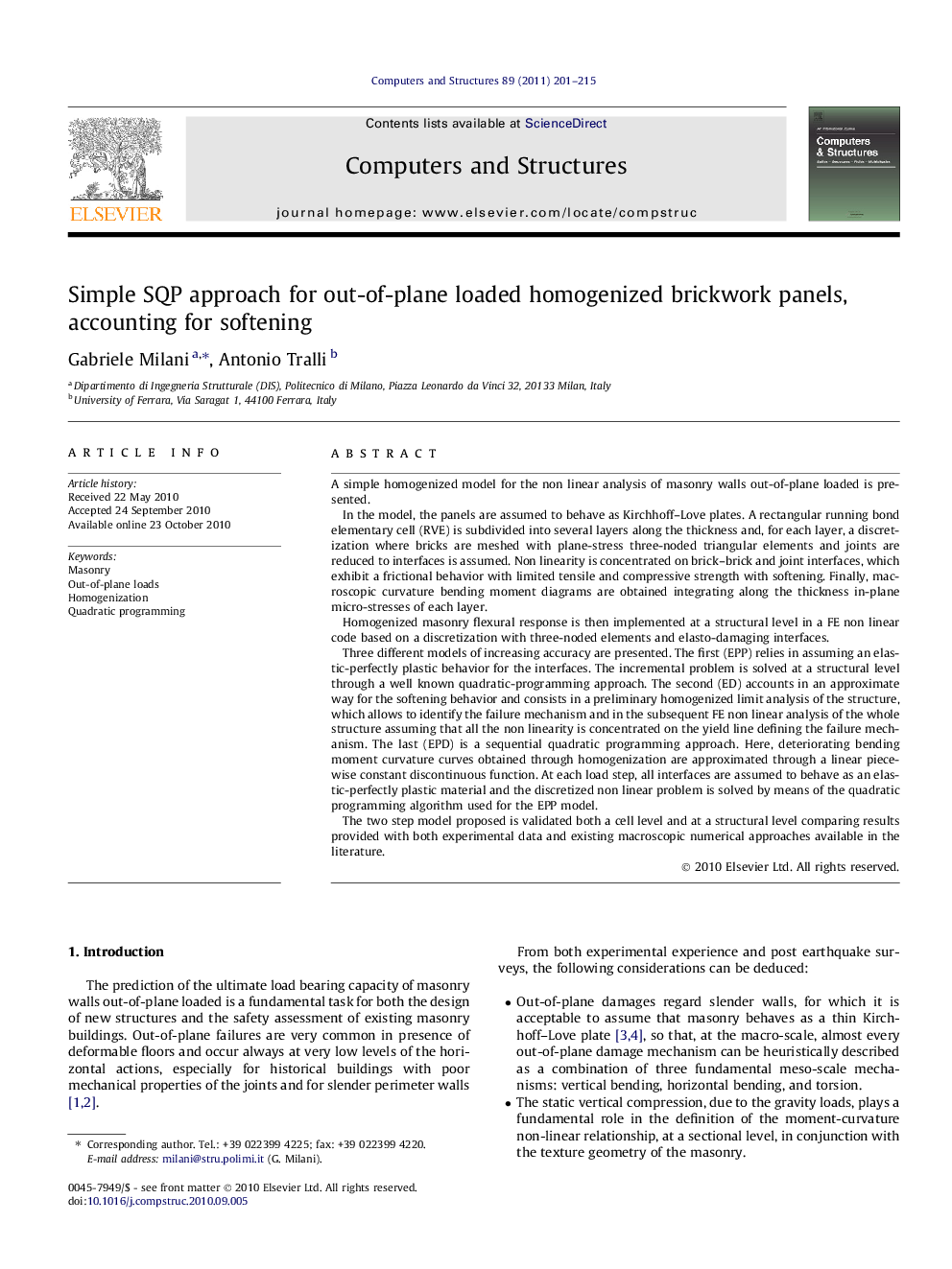 Simple SQP approach for out-of-plane loaded homogenized brickwork panels, accounting for softening