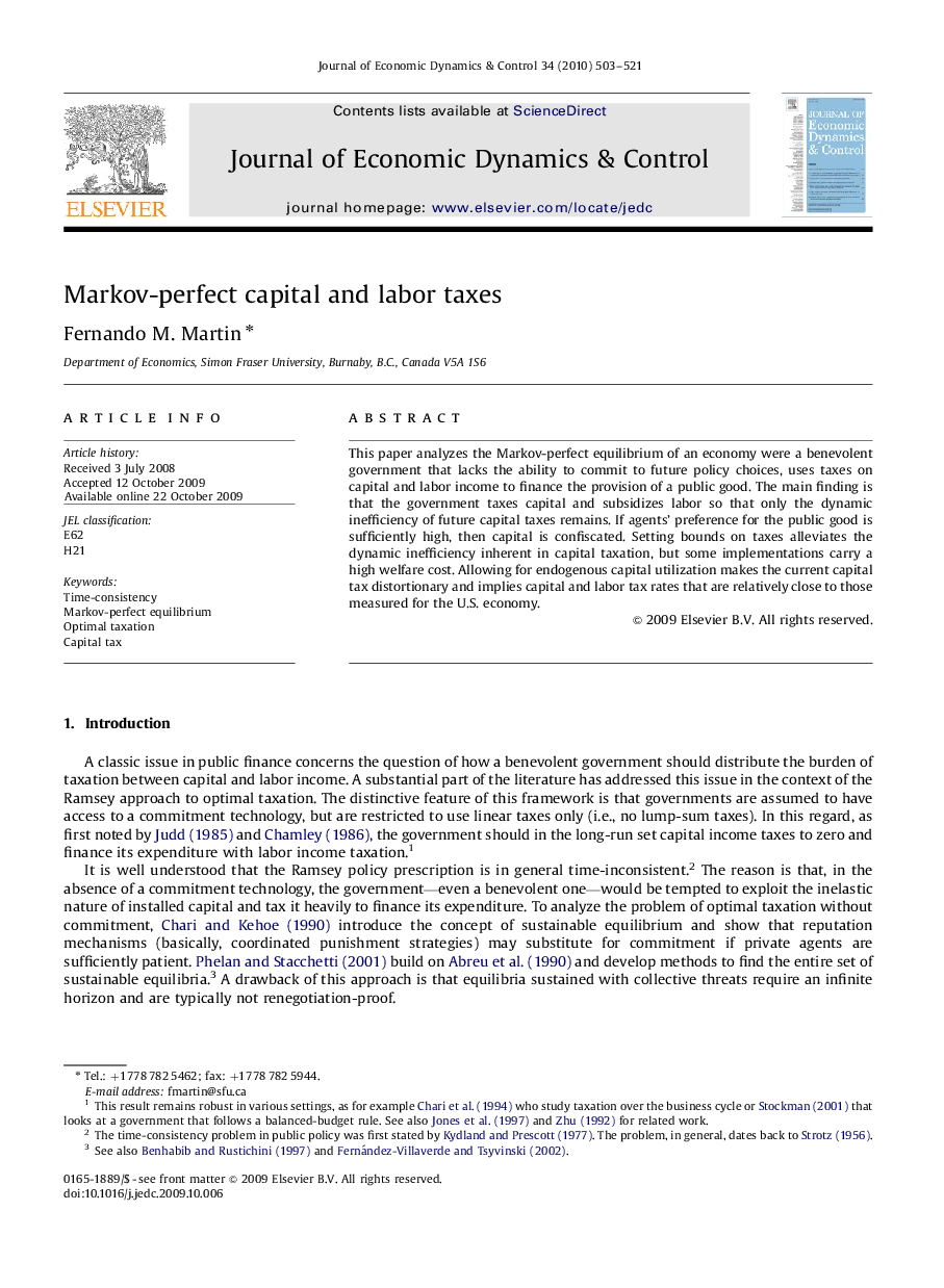 Markov-perfect capital and labor taxes