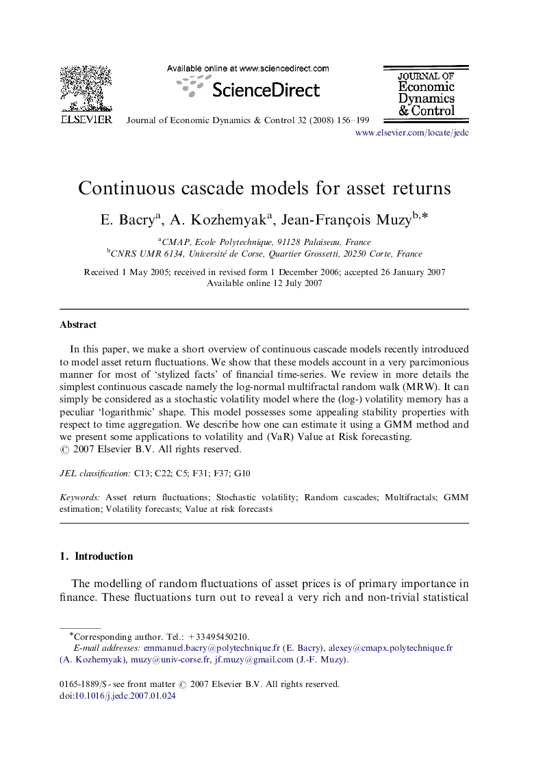 Continuous cascade models for asset returns