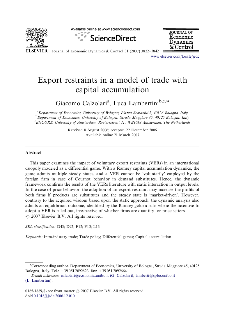 Export restraints in a model of trade with capital accumulation