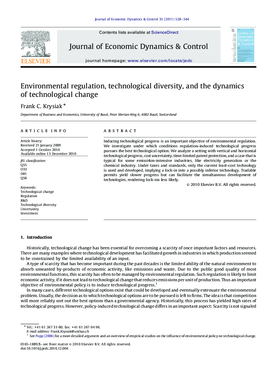 Environmental regulation, technological diversity, and the dynamics of technological change