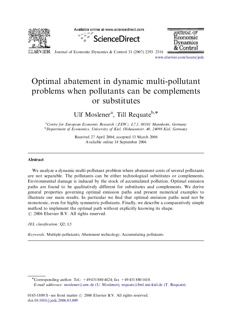 Optimal abatement in dynamic multi-pollutant problems when pollutants can be complements or substitutes